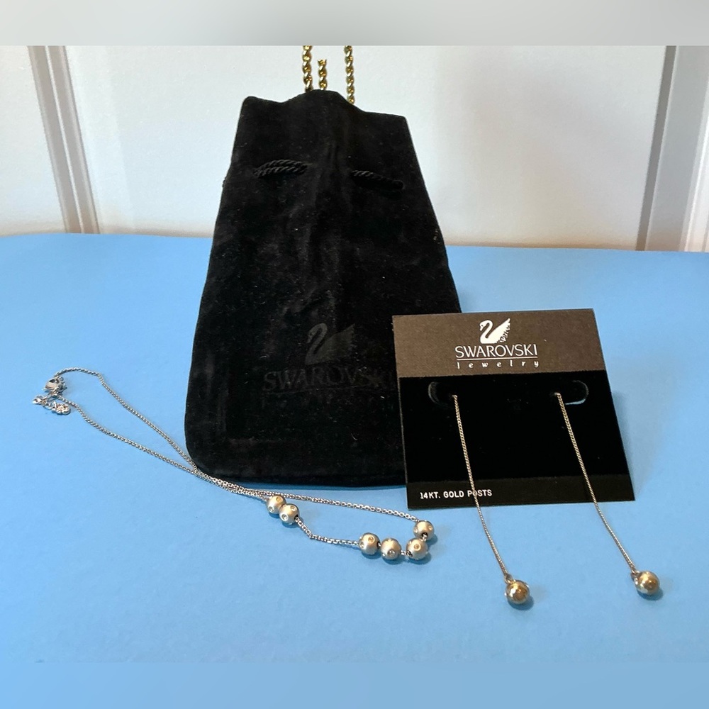 Swarovski Set: Matte Rhodium Necklace 16-18” + Earrings. Crystal Inlays. + Pouch